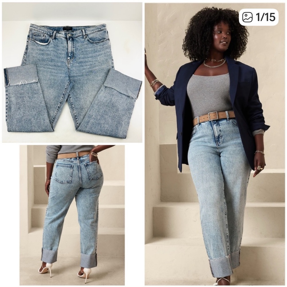 Banana Republic Slouch Mom Jeans Fold Raw Hem Cuff Light Acid Wash Blue